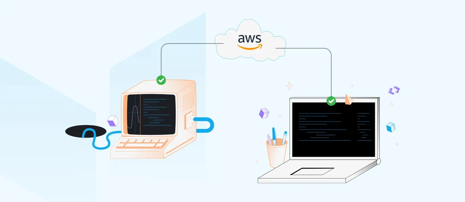 Learn the benefits of using AWS. This image shows one laptop and one desktop computer. There is a cloud overhead, featuring the AWS logo. The two computers are connected by lines coming from the cloud.