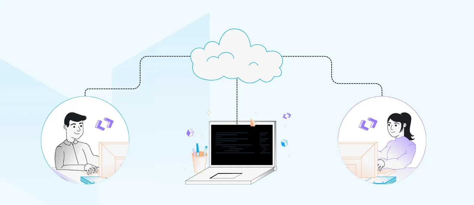 Learn the benefits of cloud migration. This image shows two people working separately on their own laptops. Between them is another laptop with a cloud overhead. The three laptops are connected by lines all going to the cloud.