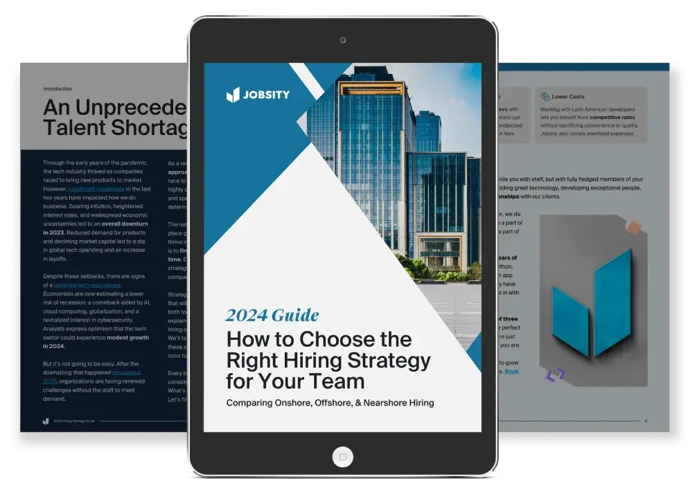 Jobsity’s new guide helps you compare hiring strategies, first staffing solutions, and global staffing services. This image shows the cover of the ebook, featuring a cityscape with the title superimposed.