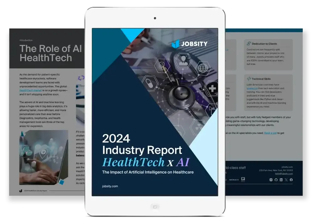 Automation in healthcare means more personalized healthcare. This image shows an eBook cover featuring icons of doctors and medical instruments. The title reads “2024 Industry Report: HealthTech x AI—the impact of artificial intelligence on healthcare”.
